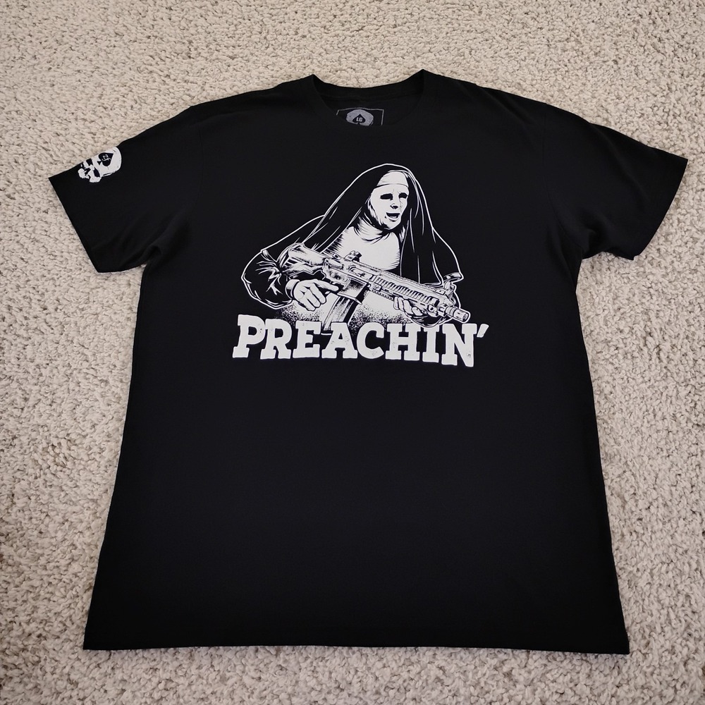 Zero Foxtrot Shirt Mens Large Black Nun Preachin Graphic Military Skull Gun USA